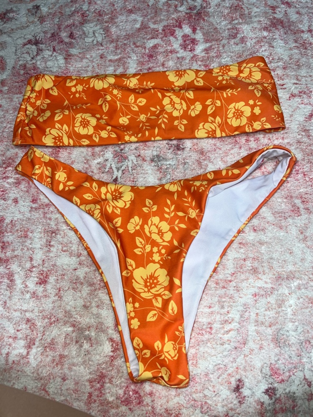SHEIN Orange and Yellow Floral Bandeau Bikini Set